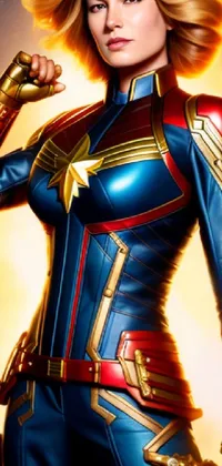 This phone live wallpaper shows a female superhero wearing a striking Captain Marvel suit