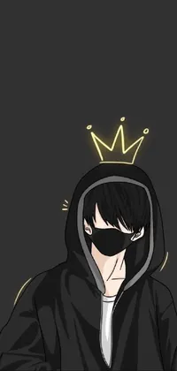 This phone live wallpaper features a mysterious and edgy anime drawing of a man wearing a black hoodie and a crown, with a black mask covering his face and only his eyes visible