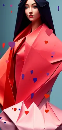 This live phone wallpaper showcases a stunning woman donning an origami paper dress in a close-up, half-body shot