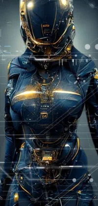 This live wallpaper features a female character wearing a futuristic suit and posing for a photo, surrounded by sci-fi cybernetic implants
