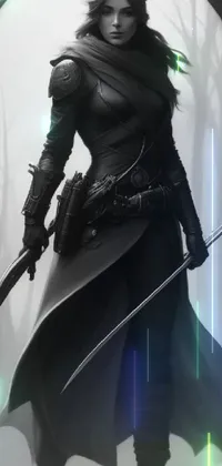 This live wallpaper showcases a black and white portrait of a fierce female warrior dressed in stealth armor, holding a sword with a strong and determined expression