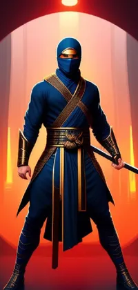 This stunning phone live wallpaper features a blue-clad warrior holding a sword while wearing a red ninja outfit and mask