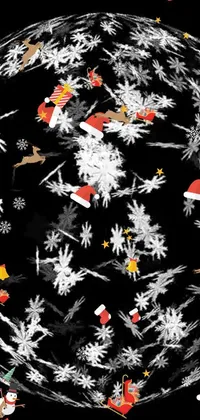 This Christmas-themed live phone wallpaper features a colorful ball adorned with snowflakes, Santa Claus figures, and winter foliage on a black background