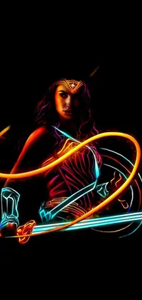 This live phone wallpaper features a digital portrait of a powerful, neon-clad woman sitting atop a skateboard and wielding a glowing draconic staff