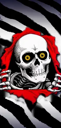 This phone live wallpaper is a spooky design featuring a skeleton with a red hood, spiral eyes and hazard stripes reminiscent of a lowbrow themed artwork