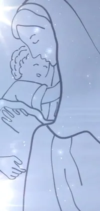 This live phone wallpaper depicts a heartwarming lineart drawing of a woman holding a child, set against a backdrop of a starry universe