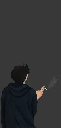 This phone live wallpaper features a minimalist silhouette of a person holding a cigarette against a dark background with a chalkboard style font displaying the time and date
