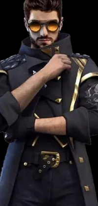 This stunning phone live wallpaper features a close-up of a character dressed in a black armored coat and sunglasses, with a full-body, worn-out, damaged cape in a gold and black color scheme