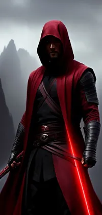 This phone live wallpaper showcases a stunning digital art image of a male character in a red robe holding a sword