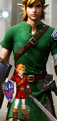 This phone wallpaper presents a gripping image of a warrior in green attire equipped with sword and shield set against a bright green backdrop of a forest