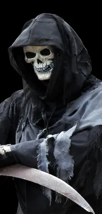 Looking for a spooky and macabre live wallpaper for your phone? Check out this realistic and accurate photo of a skeleton in a black robe holding a knife and a huge scythe in front of a black background