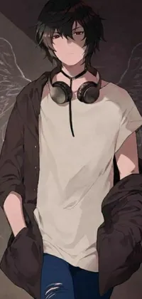 This anime-inspired phone live wallpaper features a man wearing headphones standing in front of a wall adorned with a captivating black-winged angel drawing