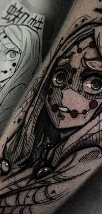 Phone live wallpaper featuring a close-up of a tattooed arm with a mechanized witch girl designed with dark outlines and intricate details by Elena Guro