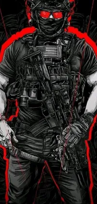 This phone live wallpaper features a highly detailed digital art image of a man with a gun against a black background surrounded by dead soldiers and blood