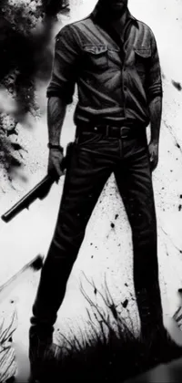 This smartphone live wallpaper showcases a striking black and white portrait of a fierce survivor clutching two guns