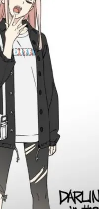 This phone live wallpaper features an anime-style drawing of a girl with pink hair and torn clothing, wearing stylish Off-White sneakers in a casual streetwear style