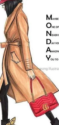 This live wallpaper features a digital rendering of a fashionable woman with a bright red handbag walking down a city street