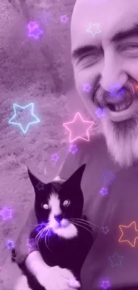 This phone live wallpaper features a captivating black and white photo of a man holding a charming cat, with a cool purple filter adding an element of elegance to the look