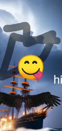 This live wallpaper features a ship with a delightful smiley face and magical flying runes, inspired by Okada Hanko art style
