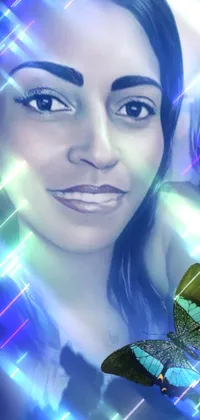 This high-quality live wallpaper features a stunning digital art image of a woman holding a butterfly up to her face and smiling