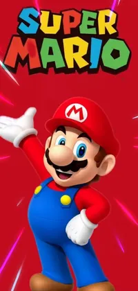This lively phone live wallpaper showcases an iconic Nintendo character - Super Mario - set against a bold red background