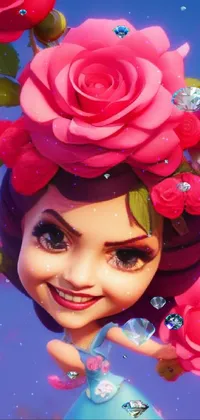 This live wallpaper depicts a cartoon girl wearing a crown of mechanical peach roses on her head
