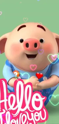 Get this cute and playful mobile wallpaper featuring a cartoon pig in blue shirt standing on a green field