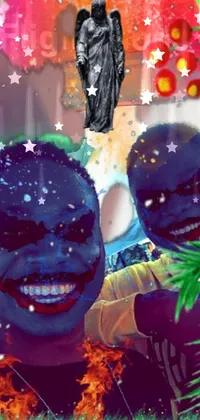 This phone live wallpaper showcases a stylish couple posing for an album cover in afrofuturistic surroundings, while comedian Jerma985 appears as The Joker
