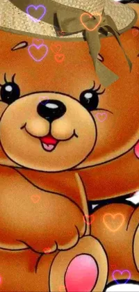 This phone live wallpaper depicts a cute brown teddy bear with a straw hat, rendered digitally in the hanna barbera style