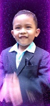 This phone live wallpaper features a young boy in a suit and tie, standing on a gradient background