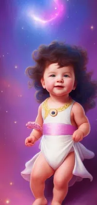 This phone live wallpaper showcases a cute digital painting of a baby dressed in a diaper