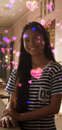 This phone live wallpaper features an Asian woman in a room filled with hearts