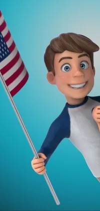 This cartoon live wallpaper features a grinning boy holding the American flag as it waves in the wind against a blue sky with clouds