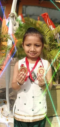 This stunning phone live wallpaper showcases a young girl holding a medal and a portrait in a delightful outdoor setting