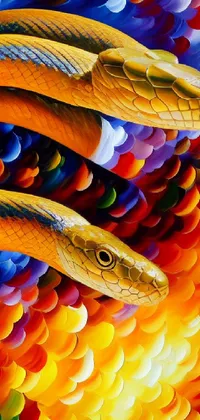 This live wallpaper features an intricate and lifelike painting of two snakes coiled around each other against a colorful background