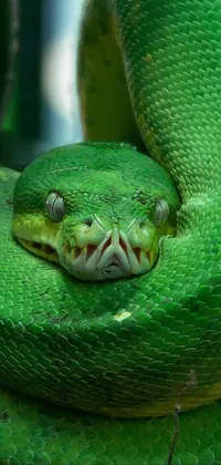This live phone wallpaper features a striking portrait of a green snake on a tree branch