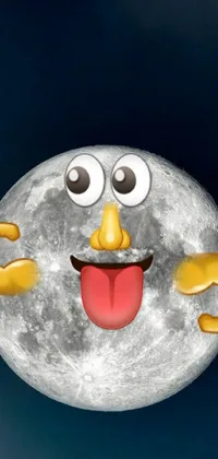 This animated phone wallpaper features a cartoon moon with a playful expression, sporting a tongue sticking out of its mouth