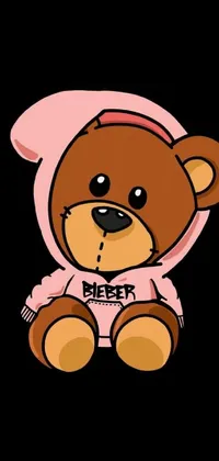 This phone live wallpaper features a cute brown teddy bear donning a vibrant pink hoodie