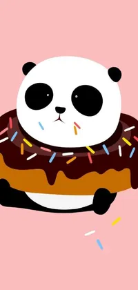 Looking for a unique and adorable wallpaper for your phone? Look no further than this charming live wallpaper featuring a playful panda holding a scrumptious chocolate donut, covered in colorful sprinkles