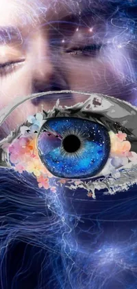 This phone live wallpaper showcases a digital art piece featuring a close-up view of a blue eye