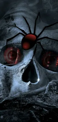 This eerie phone live wallpaper features an intricate digital art of a skull with a spider crawling on it