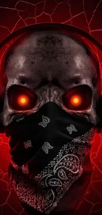 Embrace the darkness with an electrifying live wallpaper of a skull wearing headphones and a bandana