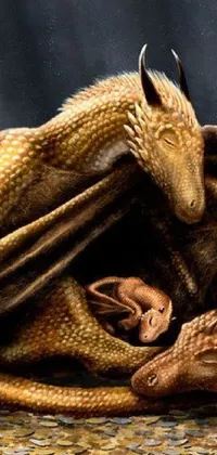 This stunning phone live wallpaper features a mesmerizing painting of a golden dragon and her siblings lying on a textured stone