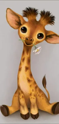 This live phone wallpaper showcases a playful giraffe holding a flower in its mouth