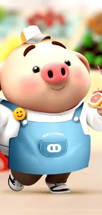This vibrant phone live wallpaper features a charming cartoon pig holding a tray of delicious food,walking towards the viewer