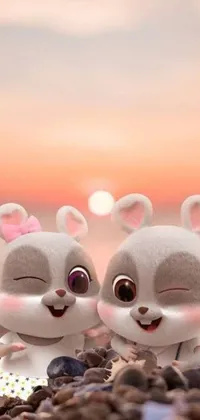 This mobile live wallpaper showcases a romantic and cute illustration of two stuffed animals sitting on a rocky beach