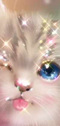 This live wallpaper features a close-up of a beautiful white cat with striking blue eyes in vibrant digital art