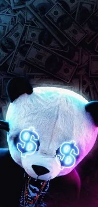 This live wallpaper showcases a lovely stuffed panda bear atop a pile of money