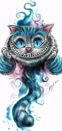 This mobile live wallpaper boasts a charming illustration of a feline with mesmerizing blue eyes, styled akin to furry art