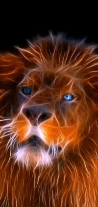This phone live wallpaper features a stunning close-up of a lion's face set against a black background